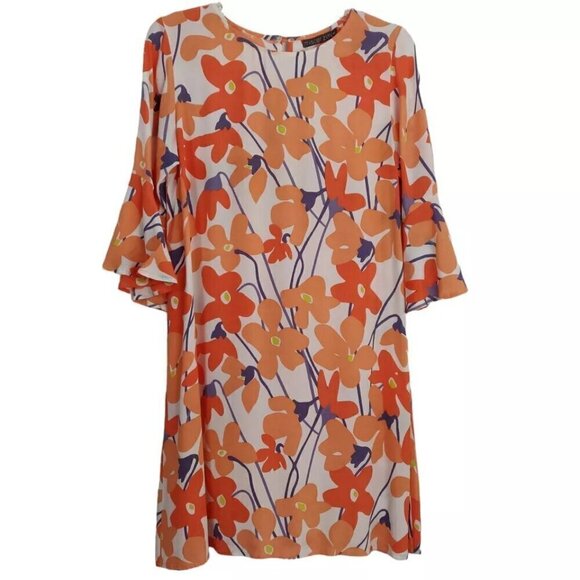 Mister Zimi Peggy Dress Size 8 Orange Floral Viscose Bell Sleeves Mod Summer - Picture 2 of 9